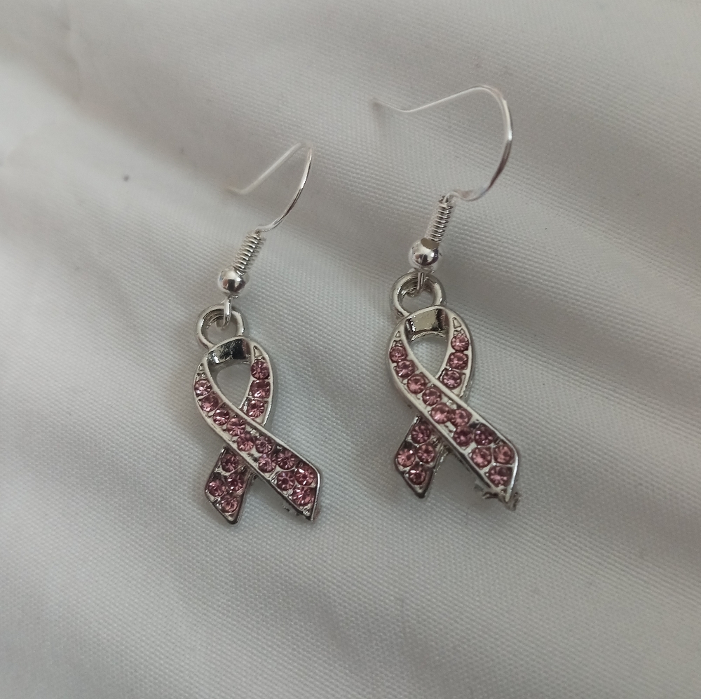 Sterling Silver 925 PINK Breast cancer awareness survivor ribbon earrings